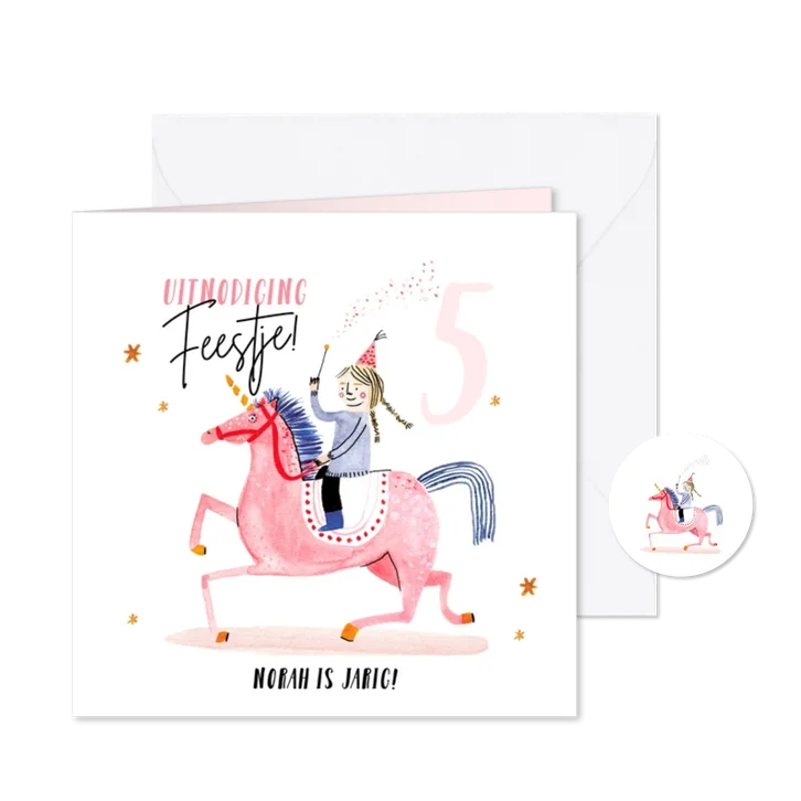 Lieve uitnodiging kinderfeestje roze unicorn prinses