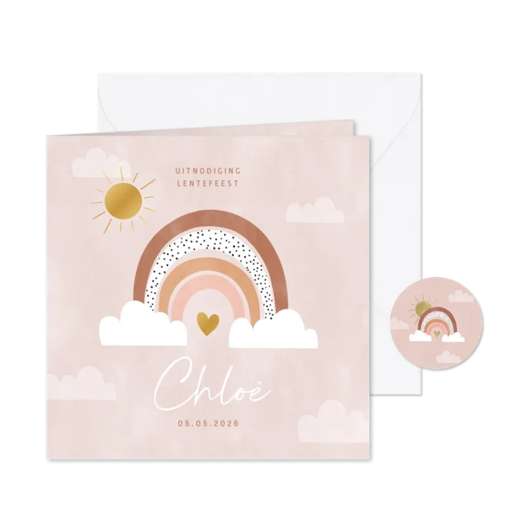 Lieve uitnodiging lentefeest regenboogje hartje & goudfolie
