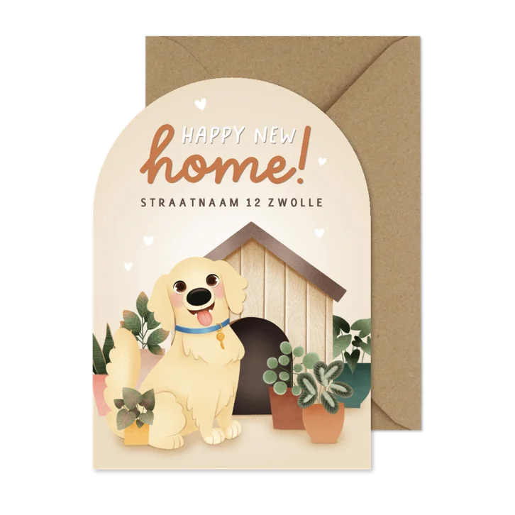 Lieve verhuiskaart hond, hondenhok en planten in boogvorm