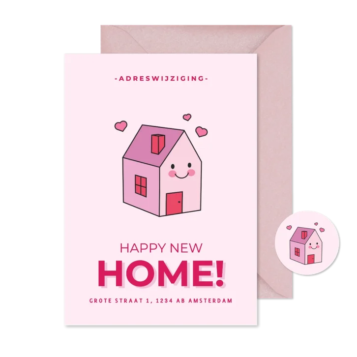 Lieve verhuiskaart met lachend roze huisje en hartjes
