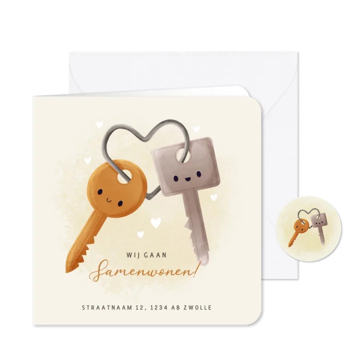 Lieve verhuiskaart samenwonen met sleutels en hartjes