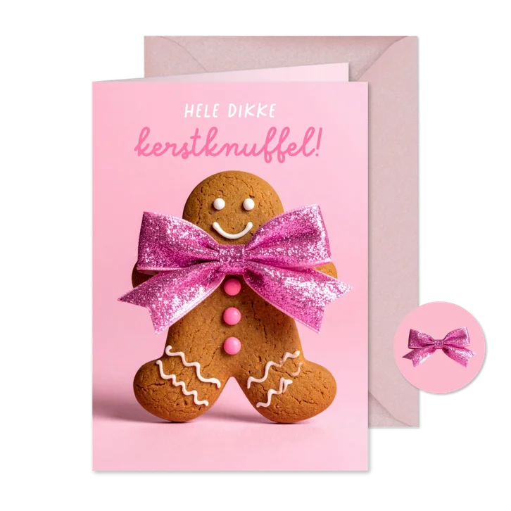 Lieve vrolijke kerstkaart met gemberkoek mannetje en strik