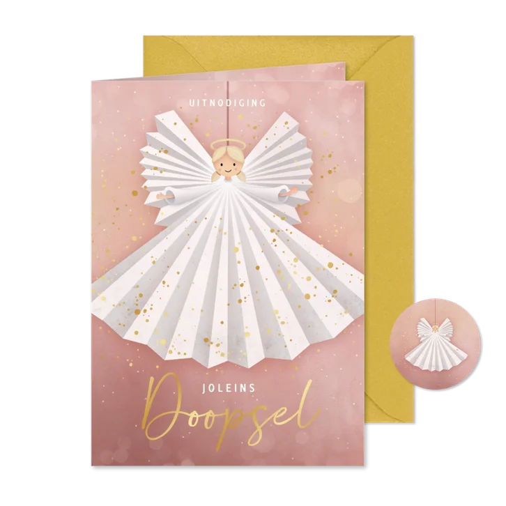 Lieveroze uitnodiging doop meisje - met papieren engeltje