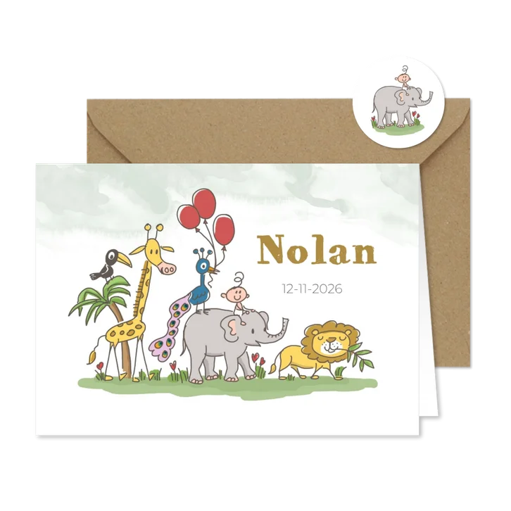 Liggend geboortekaartje met wilde dieren en baby