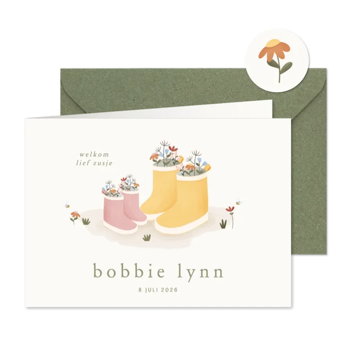 Liggend geboortekaartje zusje roze laarsjes en bloemetjes