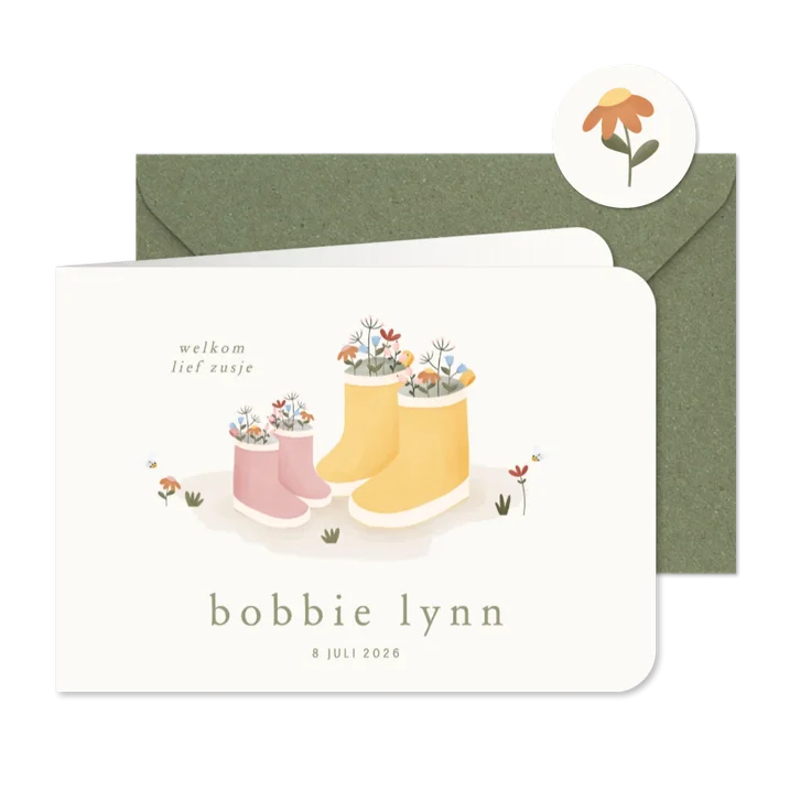 Liggend geboortekaartje zusje roze laarsjes en bloemetjes