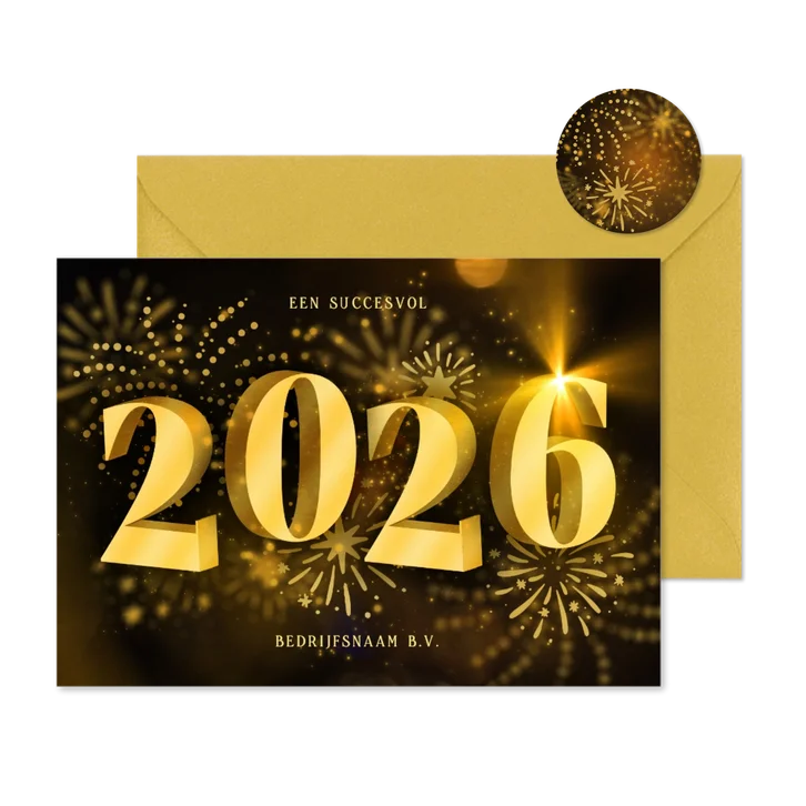 Liggende kerstkaart zakelijk 2026 3D met vuurwerk