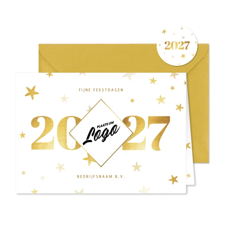 Liggende zakelijke kerstkaart 2027 met logo ruit en sterren