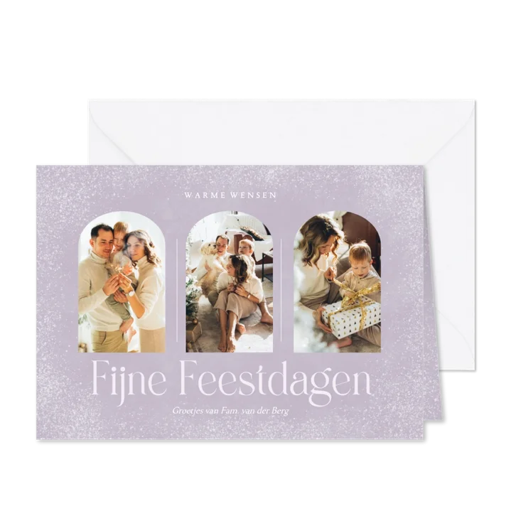 Lila kerstkaartje met sneeuw en foto's