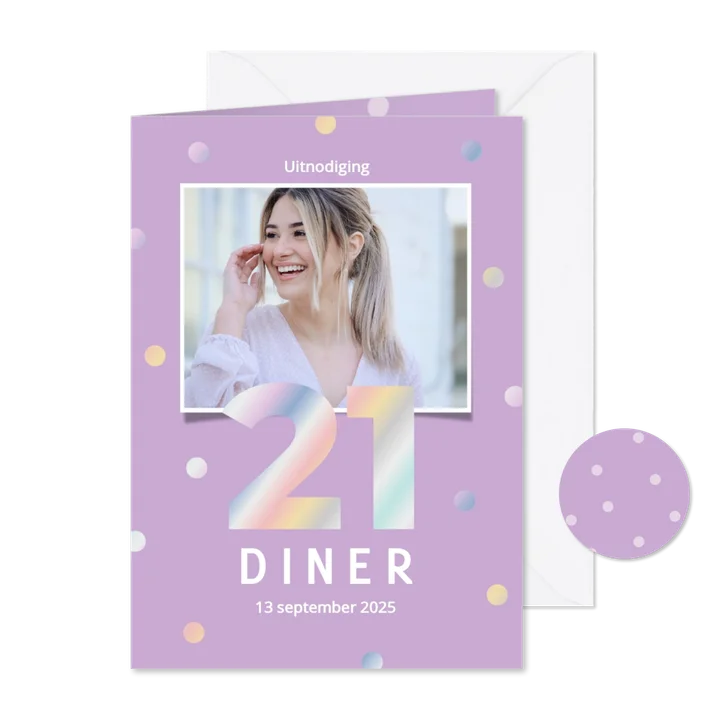 Lila uitnodiging 21-diner met holografische confetti