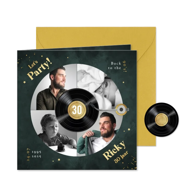 LP plaat uitnodigingskaart muziek feestje goud foto's