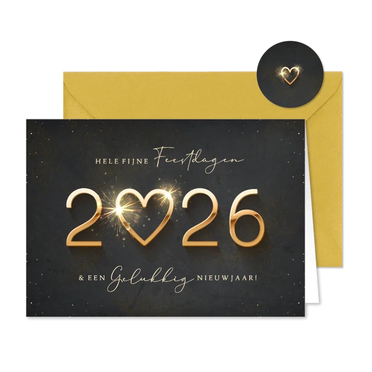 Luxe kerstkaart met gouden jaartal en een sprankelend hart