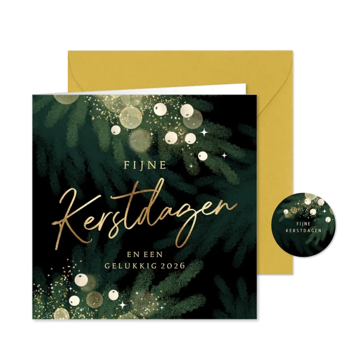 Luxe kerstkaart met gouden letters en sprankelende lichtjes