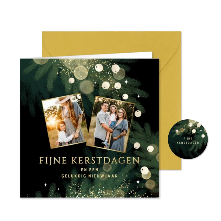 Luxe kerstkaart met twee foto’s en gouden accenten