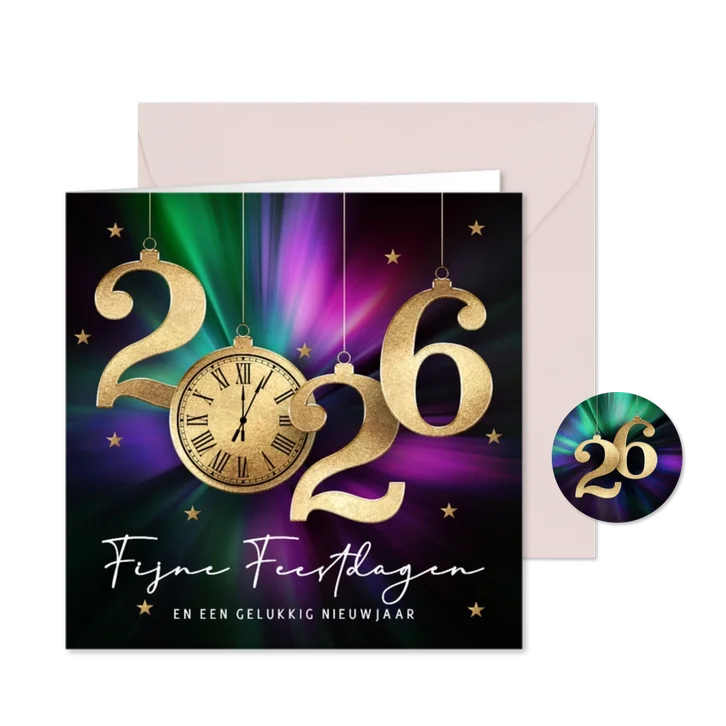 Luxe nieuwjaarskaart 2026 met gouden klok