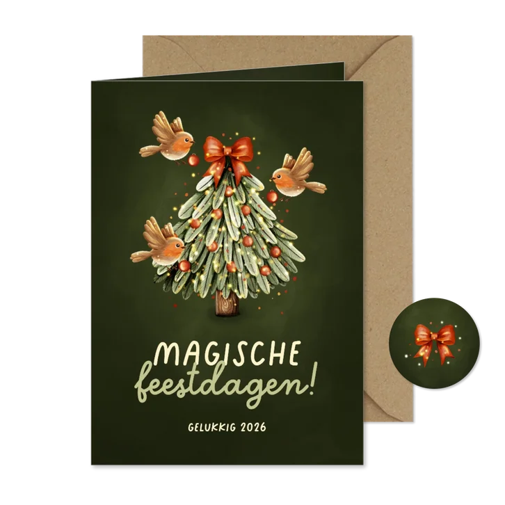Magisch kerstkaartje kerstboom drie roodborstjes
