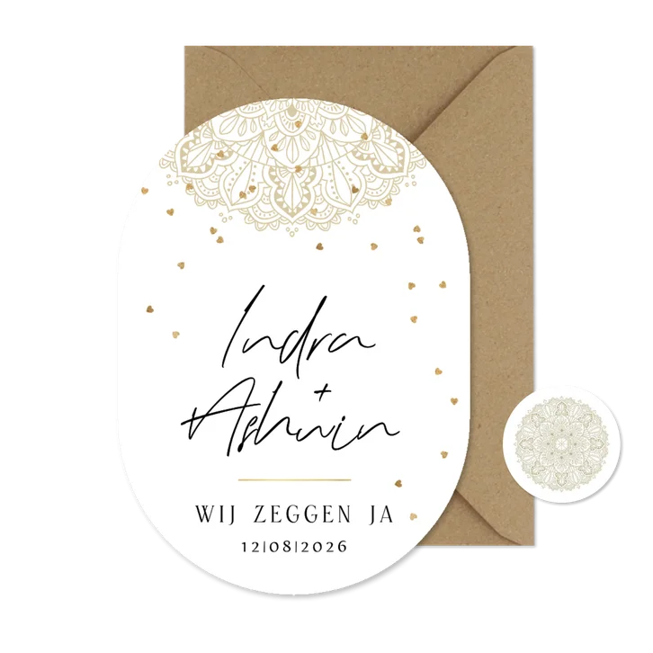 Mandala trouwkaart hartjesconfetti goud