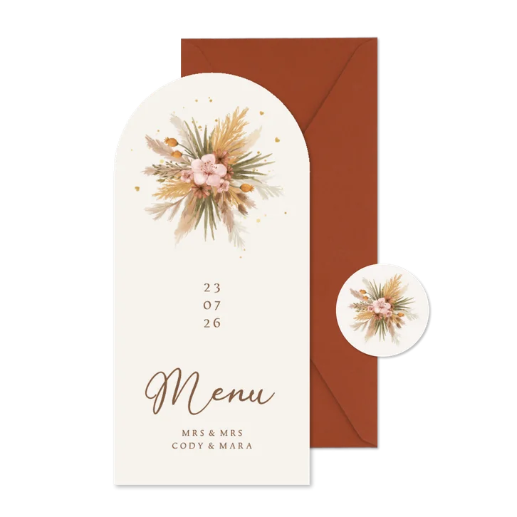 Menu boogkaart bohemian bloemen takjes gras romantisch