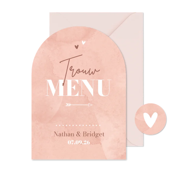 Menu boogkaart trouwen roze waterverf hartjes typografie