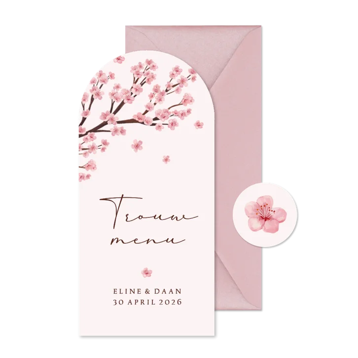Menukaart boogkaart bruiloft bloesem lente romantisch roze