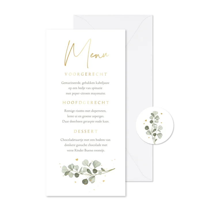 Menukaart bruiloft eucalyptus goud hartjes stijlvol