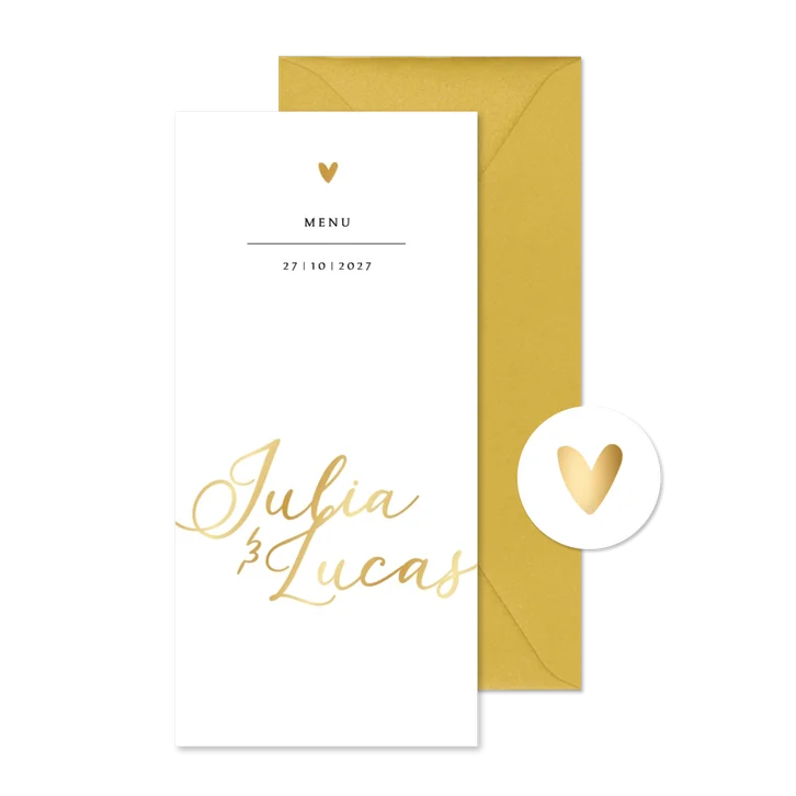 Menukaart bruiloft foliedruk namen goud