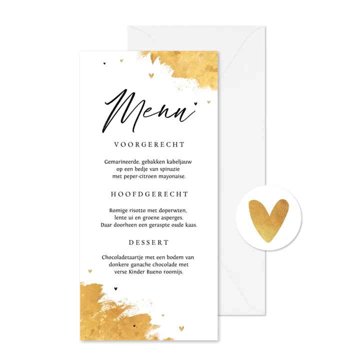 Menukaart bruiloft goud stijlvol hartjes