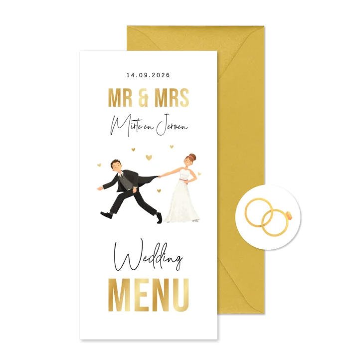 Menukaart bruiloft humor grappig bruidspaar cartoon