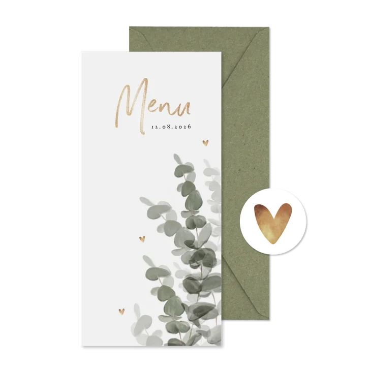 Menukaart bruiloft stijlvol eucalyptus gouden hartjes