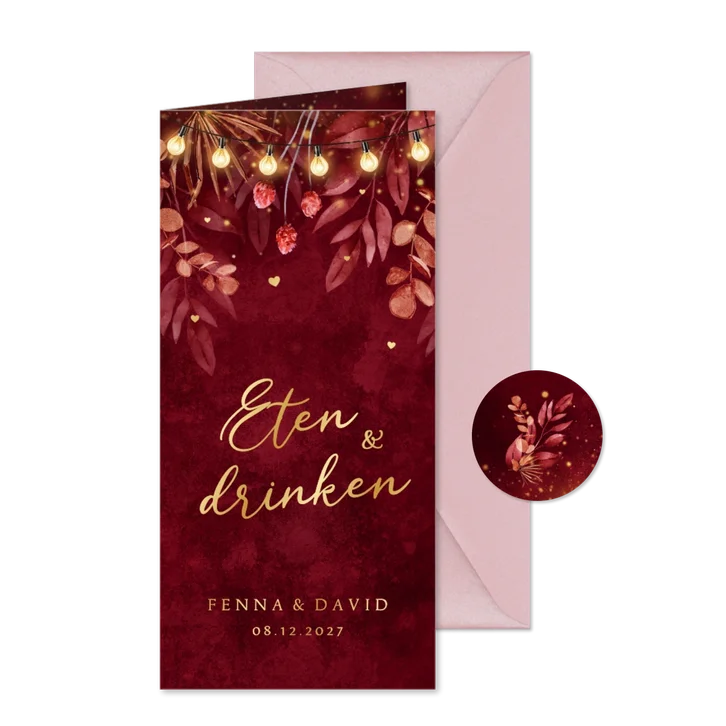 Menukaart bruiloft winter herfst rood goud lampjes liefde