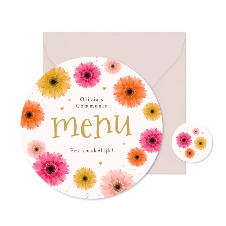 Menukaart cirkel Communie lentefeest gerbera bloemen kleuren