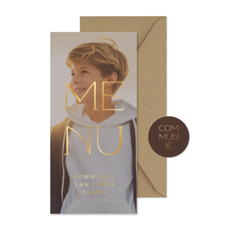 Menukaart communie grote foto transparant met goudfolie