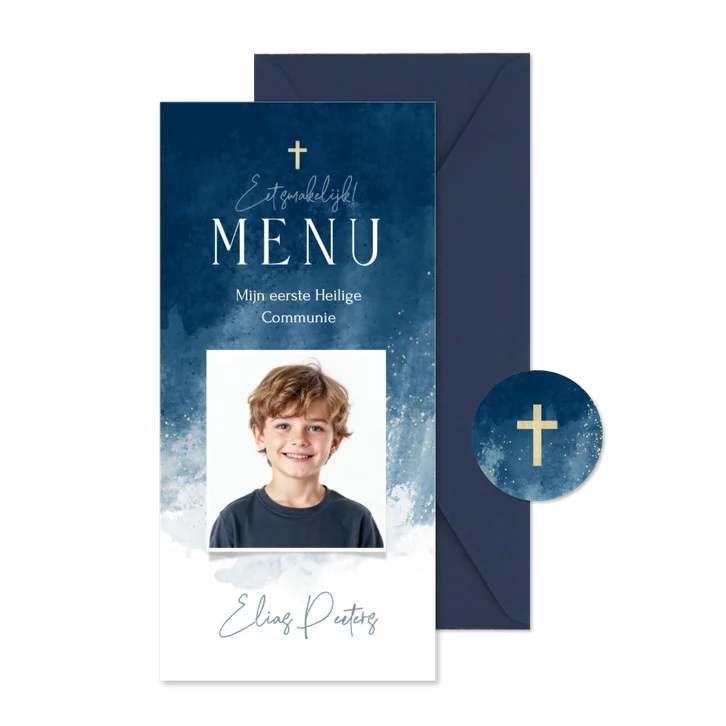 Menukaart communie jongen stijlvol foto verf blauw goud