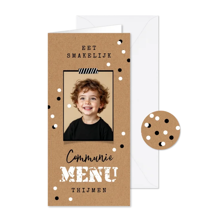 Menukaart communie kraft confetti foto stoer lentefeest