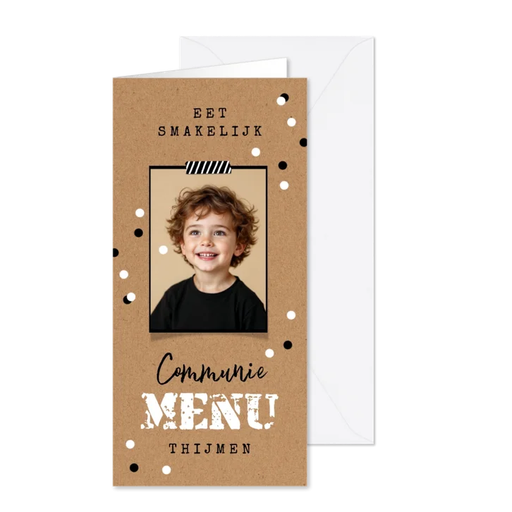 Menukaart communie kraft confetti foto stoer lentefeest