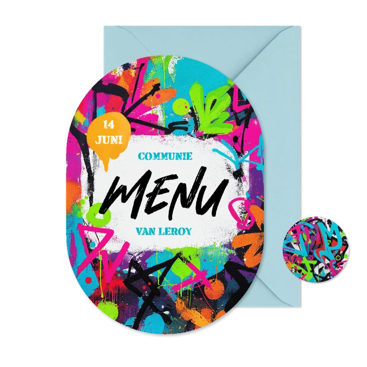 Menukaart communie lentefeest graffiti stoer kleurrijk