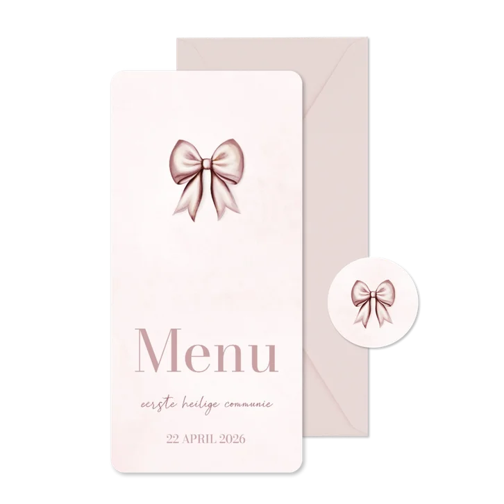 Menukaart communie lief met roze strik waterverf