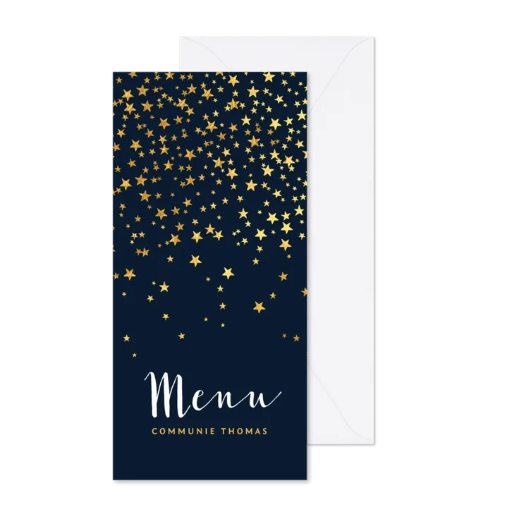 Menukaart communiefeest sterren goudlook blauw
