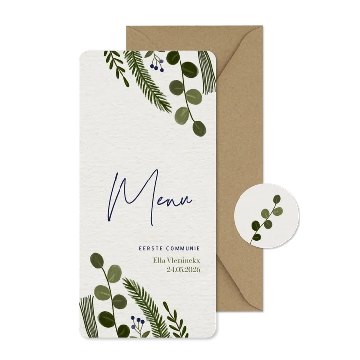 Menukaart eerste communie botanisch eucalyptus papierlook