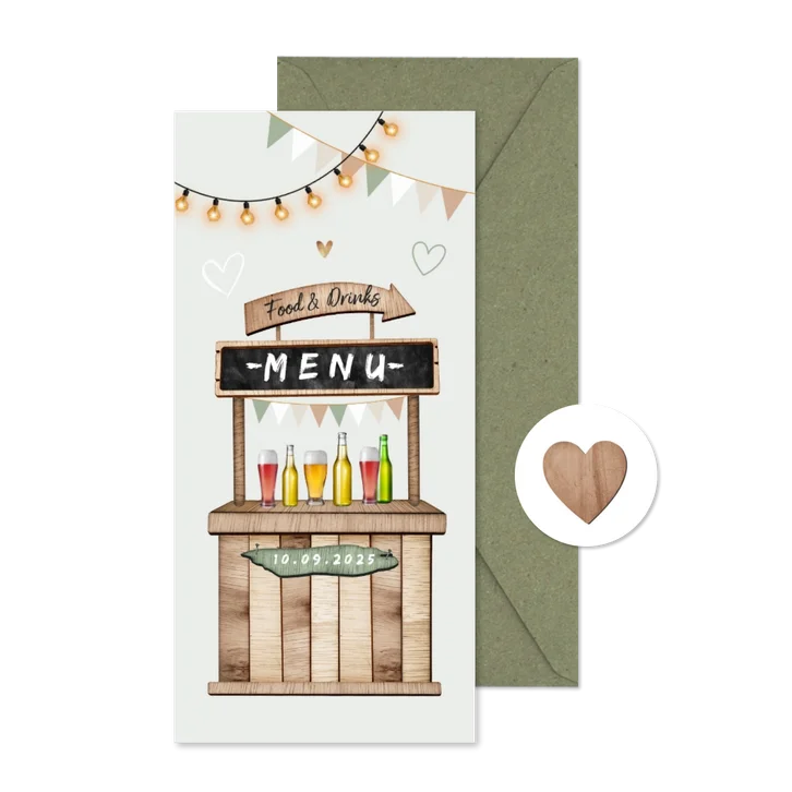 Menukaart houtlook festival style wegwijzers hartjes