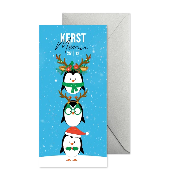 Menukaart humor grappige pinguïns in kerstoutfit in sneeuw