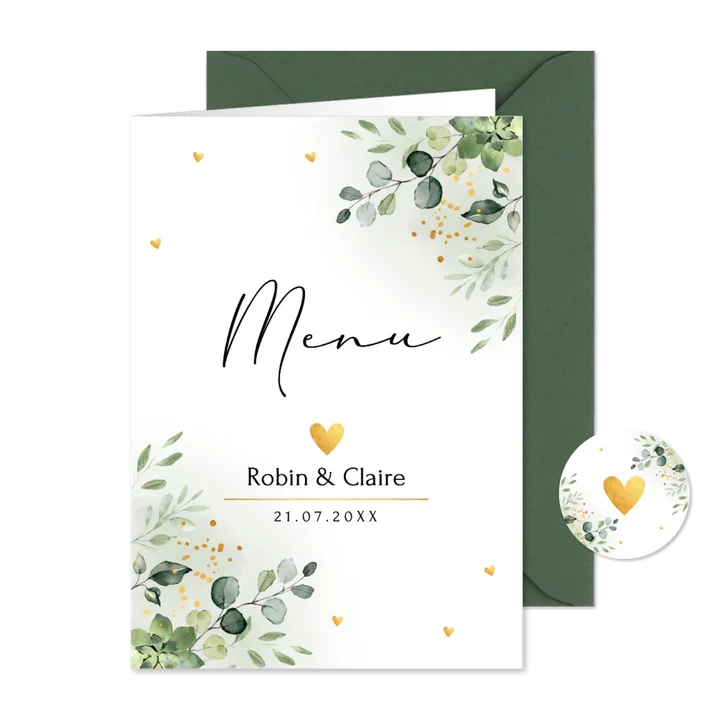 Menukaart huwelijk botanisch groen blaadjes goudlook hartjes