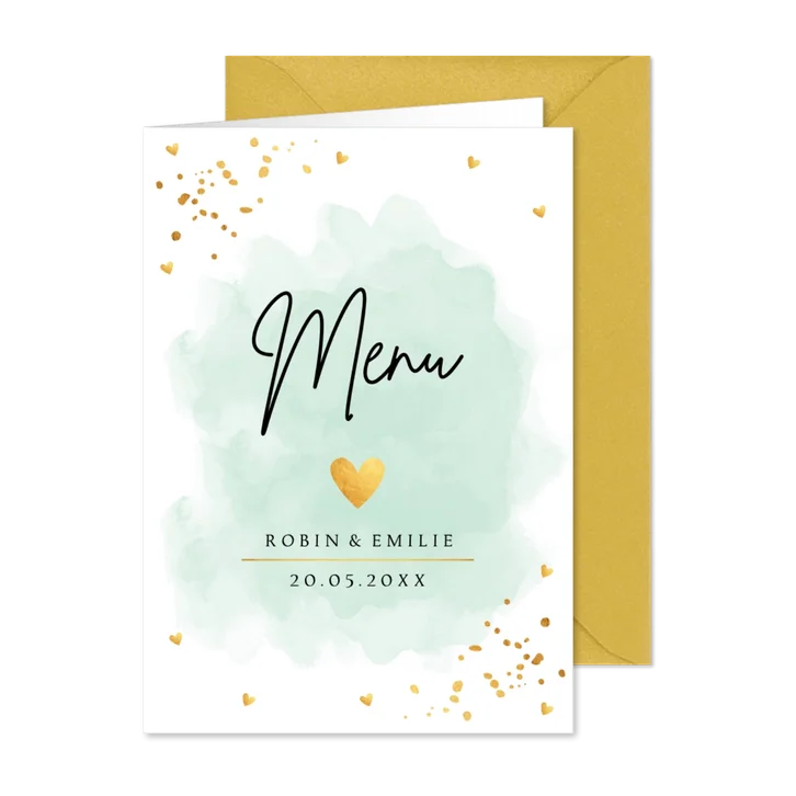 Menukaart huwelijk mintgroen waterverf goudlook hartjes