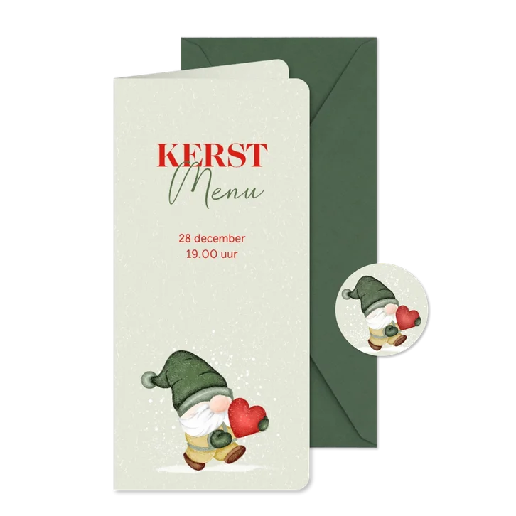 Menukaart kerst kabouter draagt hart