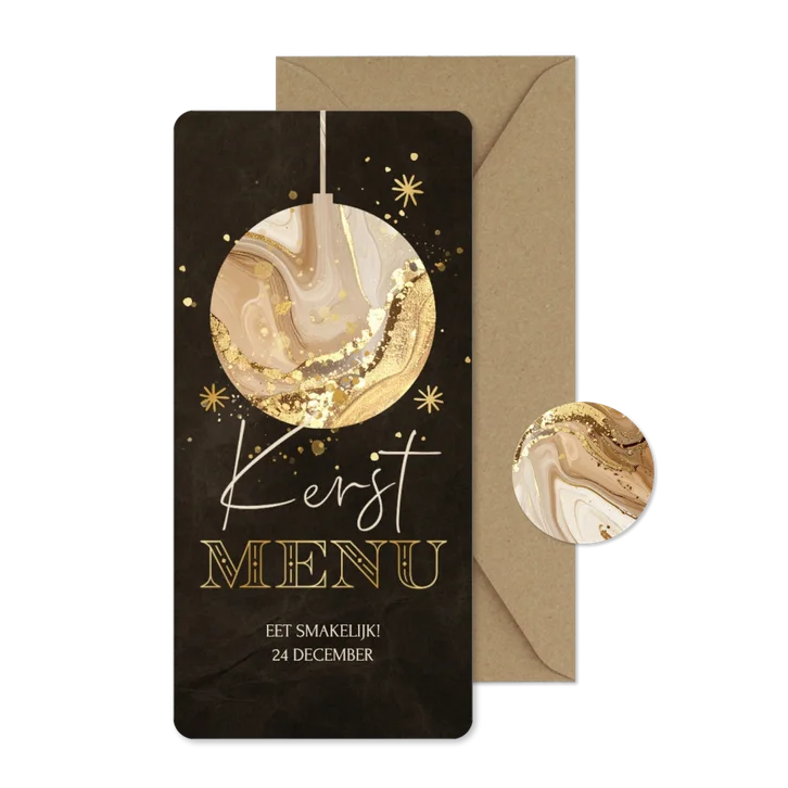 Menukaart kerstdiner donkerbruin met marmer kerstbal