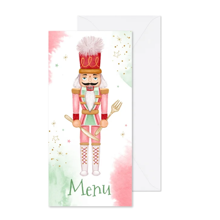 Menukaart kerstdiner notenkraker waterverf goud funky