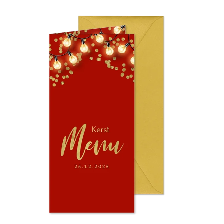 Menukaart kerstdiner rood confetti lampjes goud
