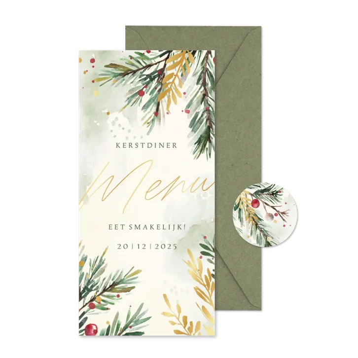 Menukaart kerstdiner waterverf kersttakjes met goud