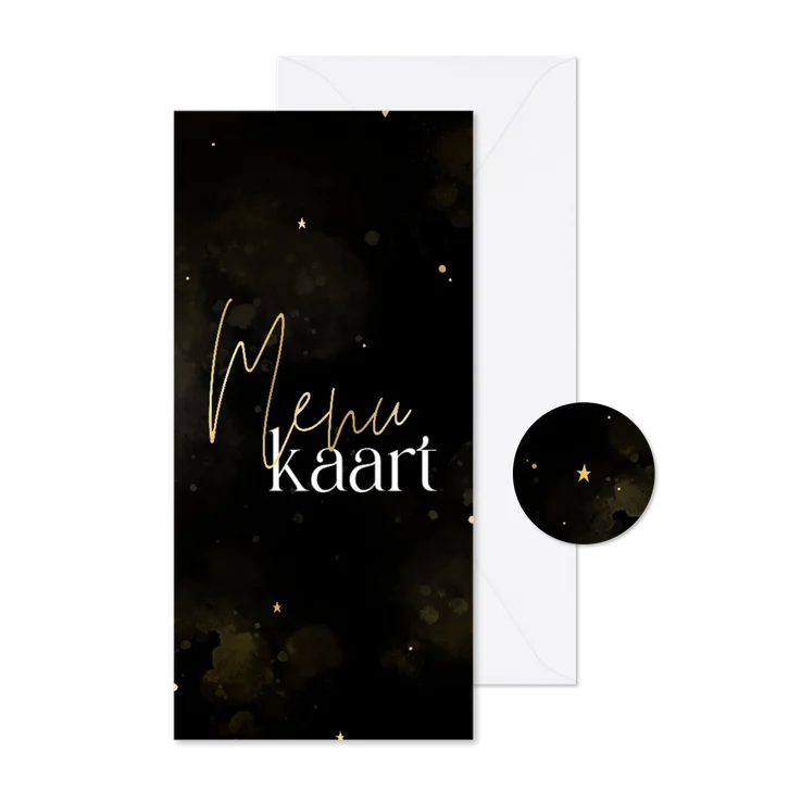 Menukaart kerstdiner zwart met goud hartjes en waterverf