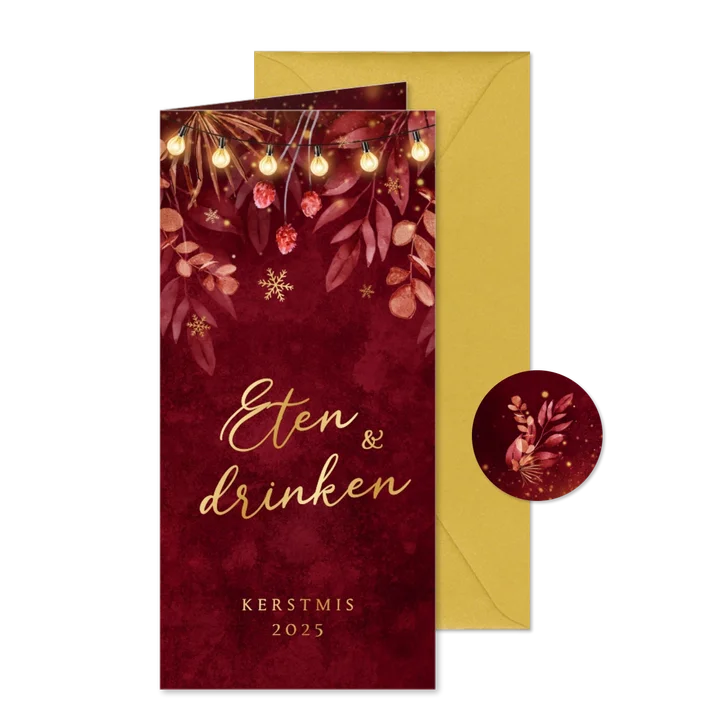 Menukaart kerstmis rood takjes lampjes sneeuwvlokken goud
